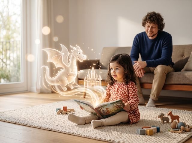 Parent and child reading personalized bedtime story together