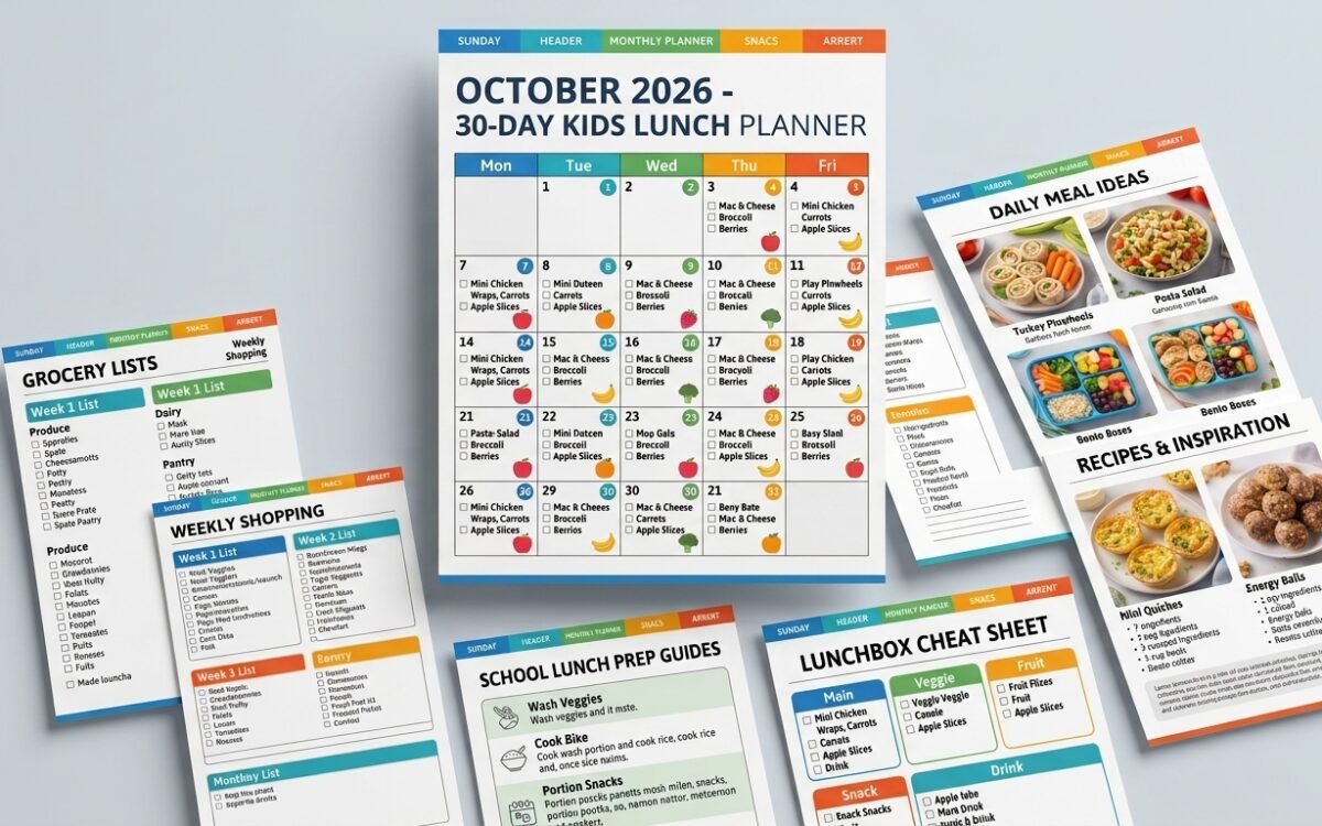 Alt Text: Printable kids lunch planner template showing 5-step meal prep system and healthy school lunch menu