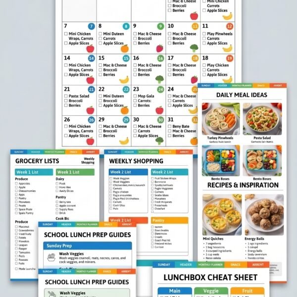 Kids lunch planner showing 30-day school lunch menu and weekly grocery shopping list