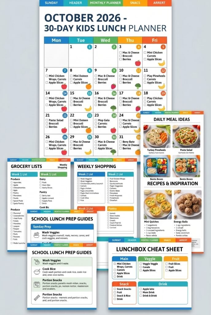 Kids lunch planner showing 30-day school lunch menu and weekly grocery shopping list