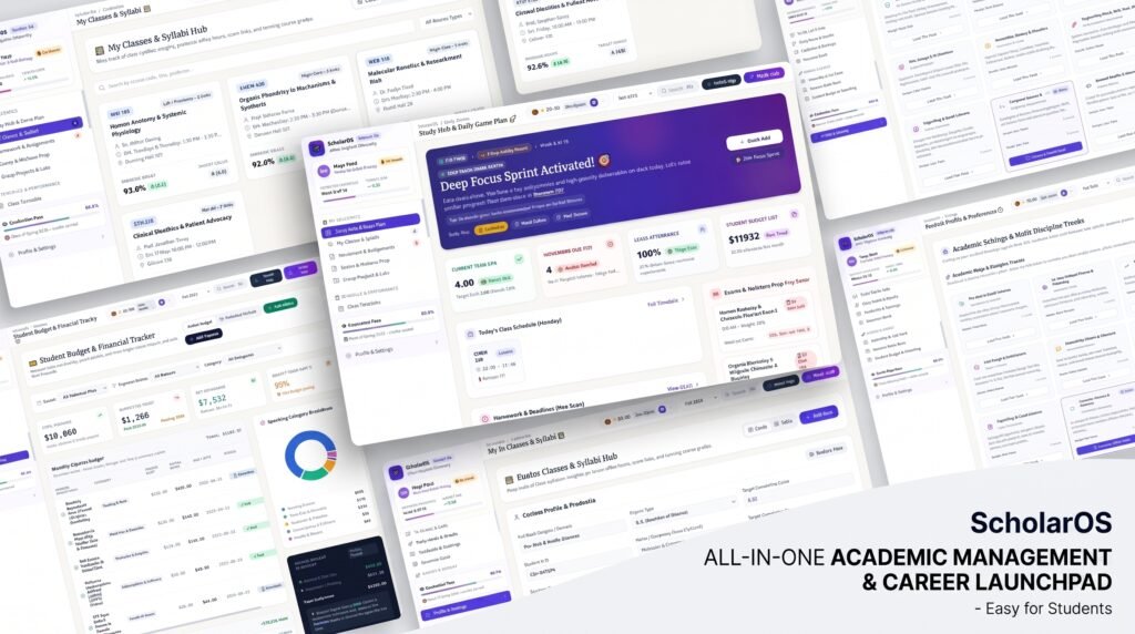 Digital student planner app dashboard displaying term GPA metrics, priority assignments, and weekly course timetable