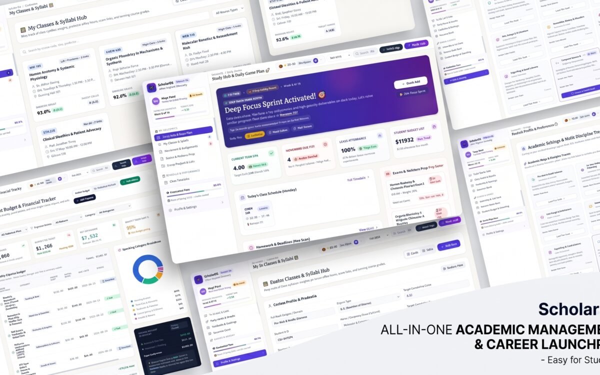 Digital student planner app dashboard displaying term GPA metrics, priority assignments, and weekly course timetable