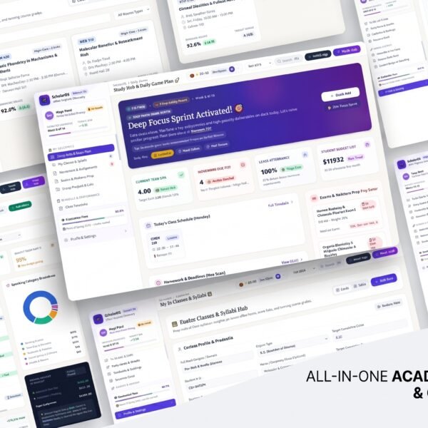 Digital student planner app dashboard displaying term GPA metrics, priority assignments, and weekly course timetable