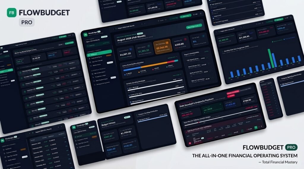 Digital budget planner app dashboard showing cash flow calendar, paycheck envelopes, and monthly bills