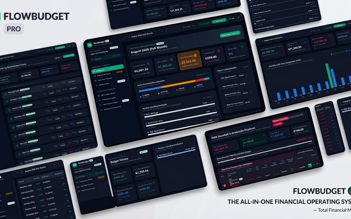Digital budget planner app dashboard showing cash flow calendar, paycheck envelopes, and monthly bills