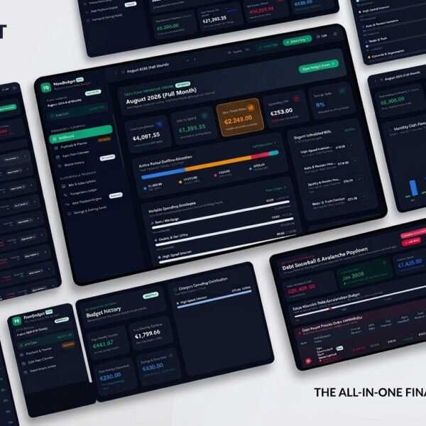 Digital budget planner app dashboard showing cash flow calendar, paycheck envelopes, and monthly bills