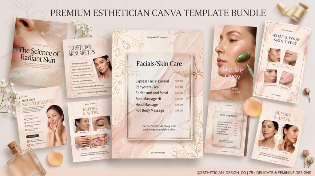 Image Alt Text: feminine esthetician instagram templates canva mockup preview