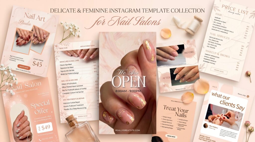 feminine nail salon instagram templates canva mockup preview