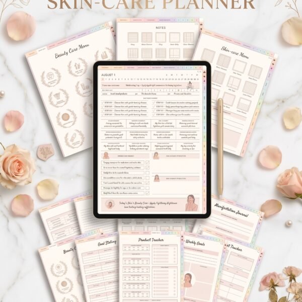 GoodNotes Beauty Planner showing skincare, beauty care, hair care, wellness, and self-care planning pages with interactive navigation