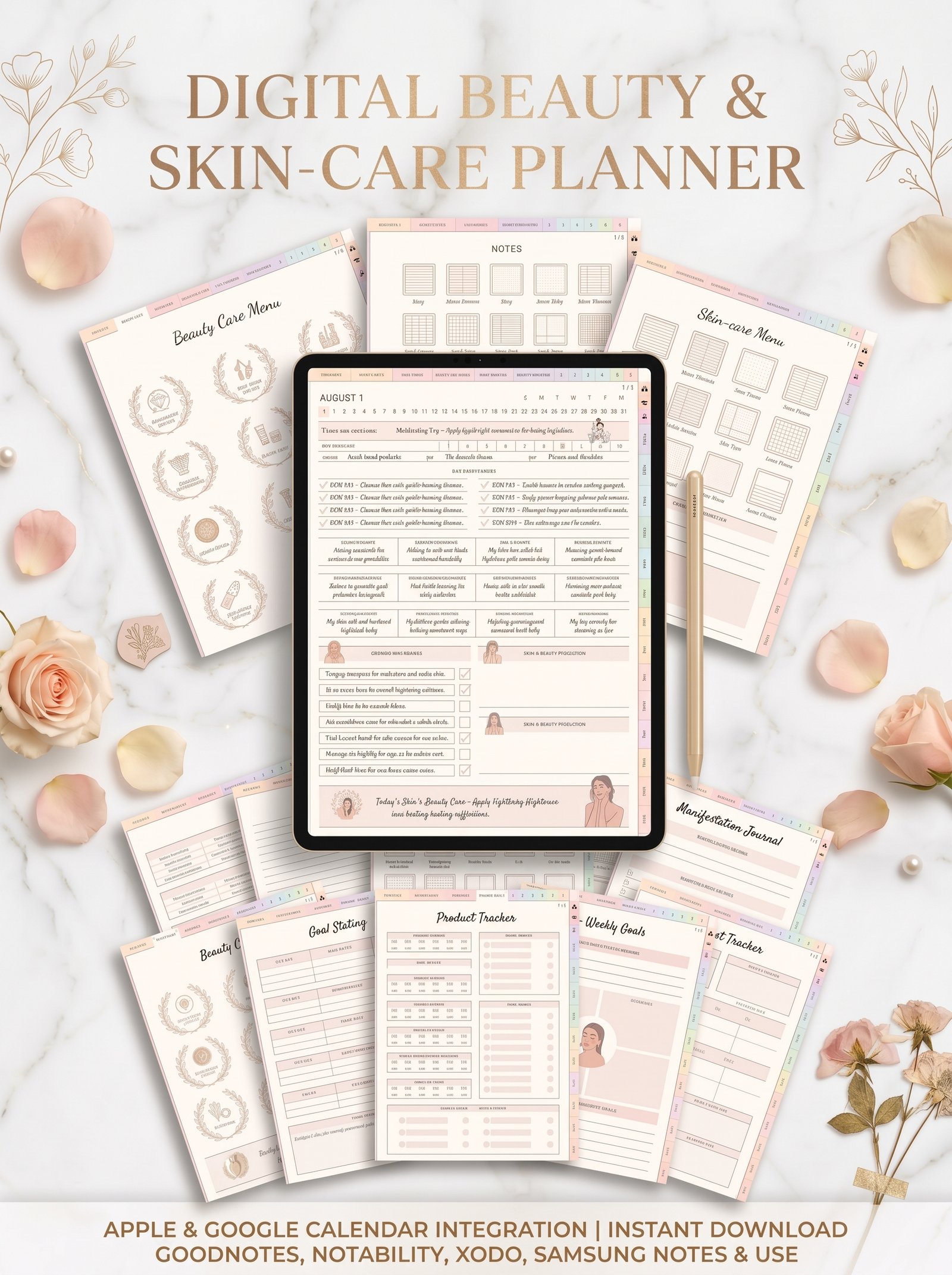 GoodNotes Beauty Planner showing skincare, beauty care, hair care, wellness, and self-care planning pages with interactive navigation