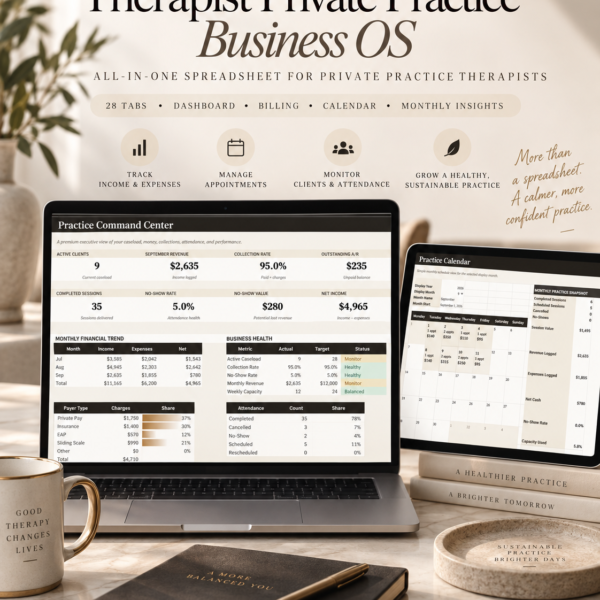 Therapist Private Practice Spreadsheet business dashboard and practice management workbook